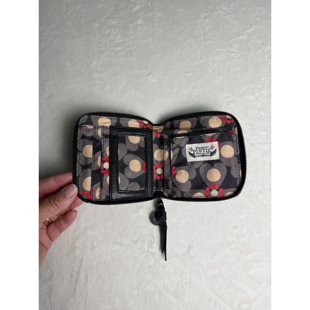 Pistil Womens Zip Around Wallet Charcoal Grey Canvas Black Faux Leather Floral